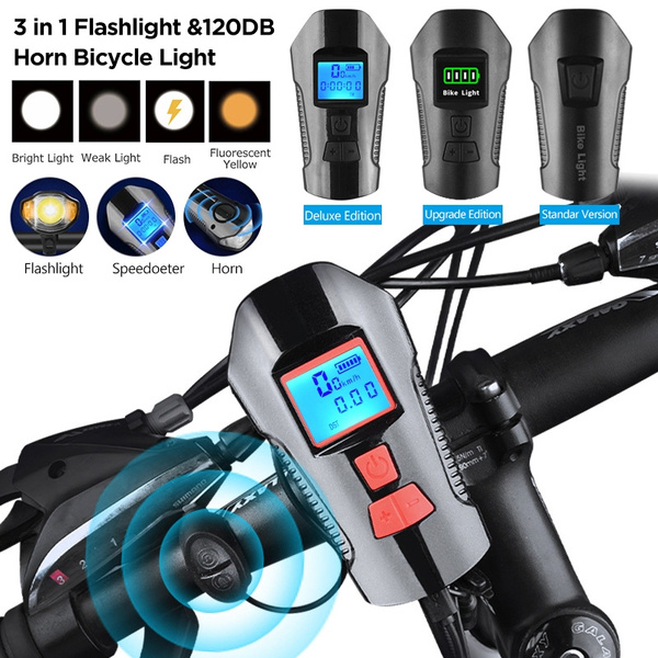 3 in 1 Bicycle Computer Bike LED Flashlight Bike Horn Odometer USB Rechargeable 