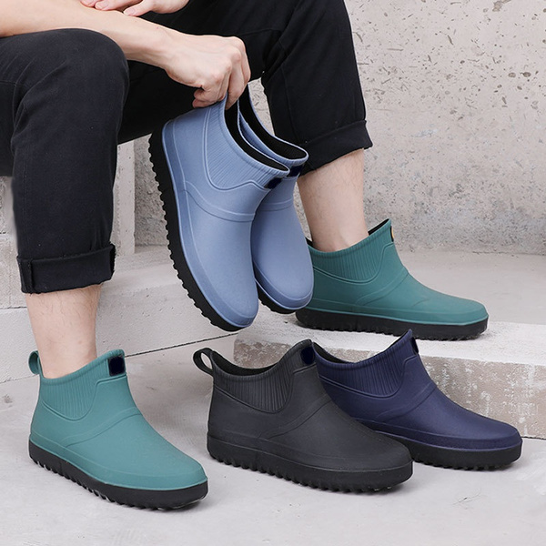 Men Rubber Rain Shoes Slip On Waterproof Low-Heel Tube PVC Rain Boots ...