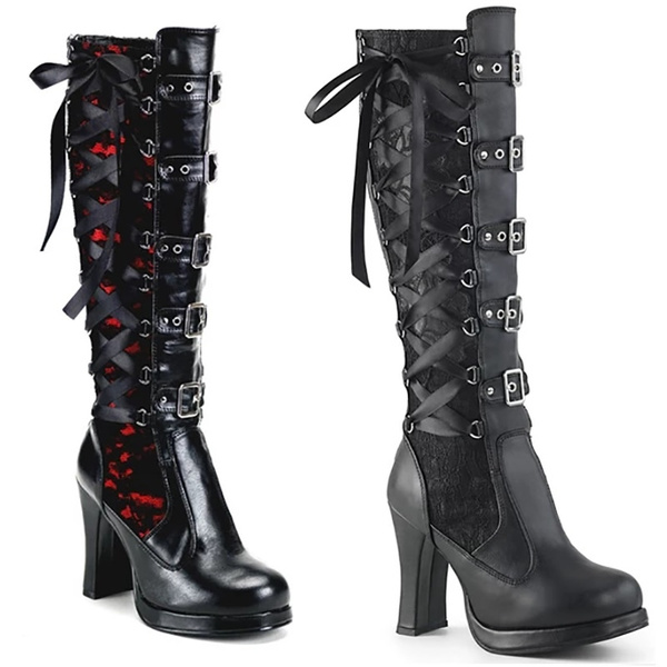 New Autumn Winter Women Fashion Steampunk Gothic Vintage Style Retro Punk  Boots Cozy Lace Up Elegant Knee High Boots Plus Size, Mid-Calf Boots