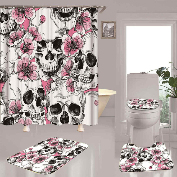 Pink Flower Skull Print Bathroom, Skull Shower Curtain And Accessories