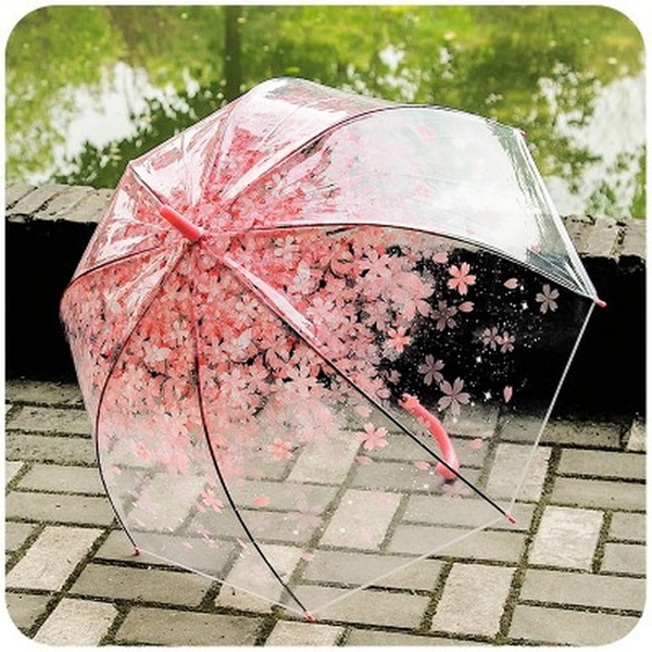 RY-CAN Romantic Transparent Clear Flowers Bubble Dome Umbrella Half Automatic for Wind Heavy Rain Transparent Umbrella