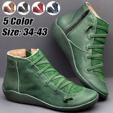 New Fashion Women's Medieval Vintage Leather Boots Braided Strap Flat Heel All Season Boots Waterproof Slip on Shoes Ladies Winter Round Toe Ankle Boots sapatos femininos Plus Size 34-43