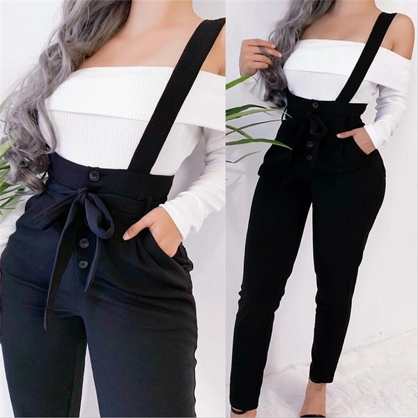 Women Fashion Black Suspender Pants High Waisted Buttons Decorate Casual  Winter/Autumn Trousers