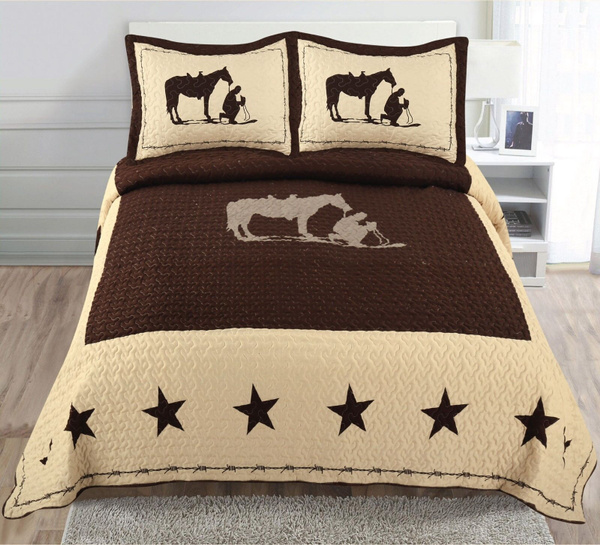 Texas Praying Cowboy Horse Star Western Quilt Bedspread Comforter Shams 3 Pc Set 