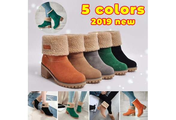 women cute warm short boots suede chunky mid heel round toe winter snow ankle booties