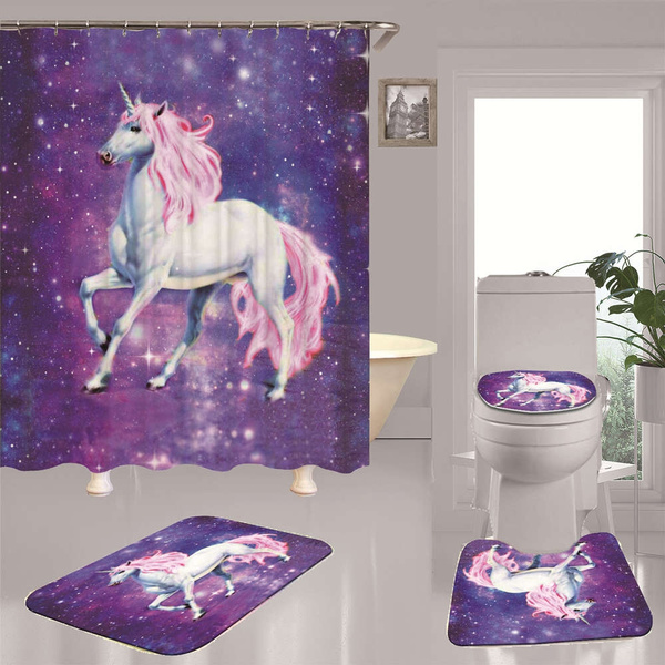 Purple Galaxy Unicorn Door Bath Mat Toilet Cover Rug Shower Curtain Bathroom Art 
