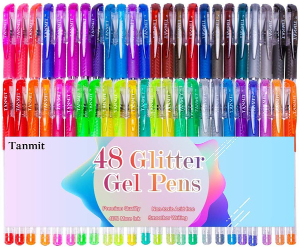 48 Colors Markers Glitter Gel Pen Set, Coloring Metallic Pens Art Marker  for Adult Coloring Book Doodling Crafting Scrapbooking Drawing Painting 