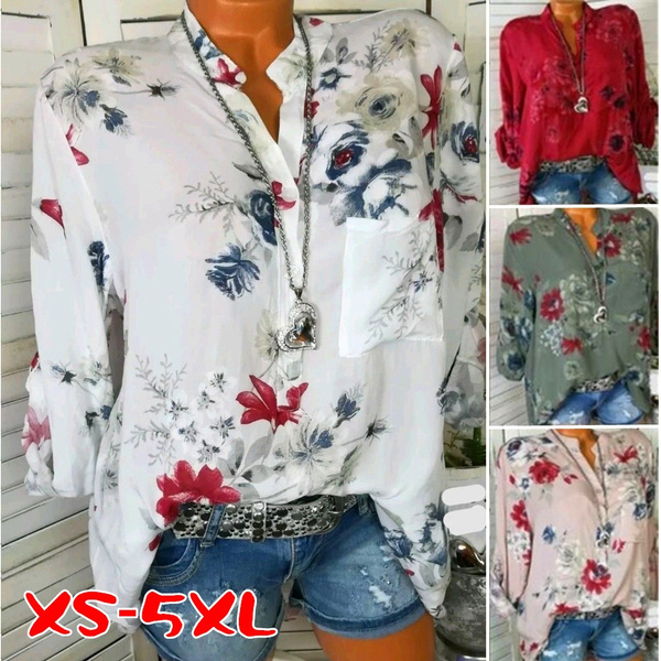 Oversized Fall Blouses for Women V Neck Short Sleeve Floral Print