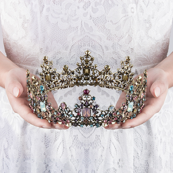 Jeweled Baroque Queen Crown Tiaras for Women Rhinestone Wedding Crowns Costume