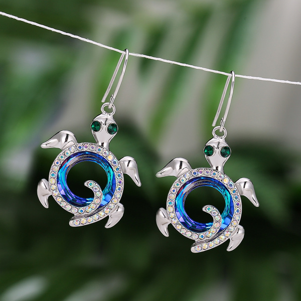 Silver Turtle CZ Dangle Earrings