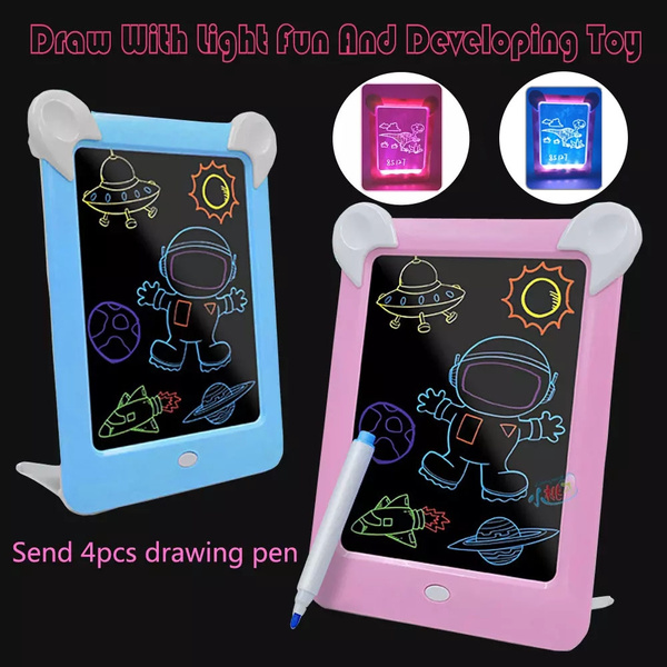 CAKKA Light Drawing Board for Kids 2-in-1 Erasable Board with 3 Color Pens and Magic Fluorescent Board with Light Pen and Pattern Sheet Draw with Light-Fun Developing Toy Board A4, 30x21cm