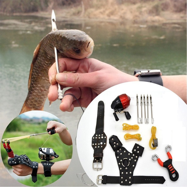 Outdoor Game Fishing Sports Fish Hunting Bow DIY Slingshot Catapult  Wristband Hand Guard Rubber Band Reel Sling Shot Bow Set