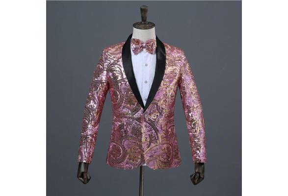 Mens Pink Gold Flower Sequins Fancy Wedding Singer Stage