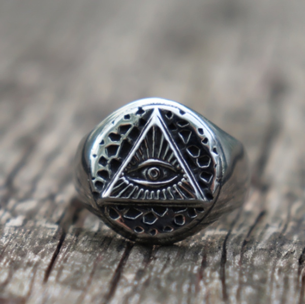 Stainless steel all seeing eye of Providence biker ring Masonic Illuminati