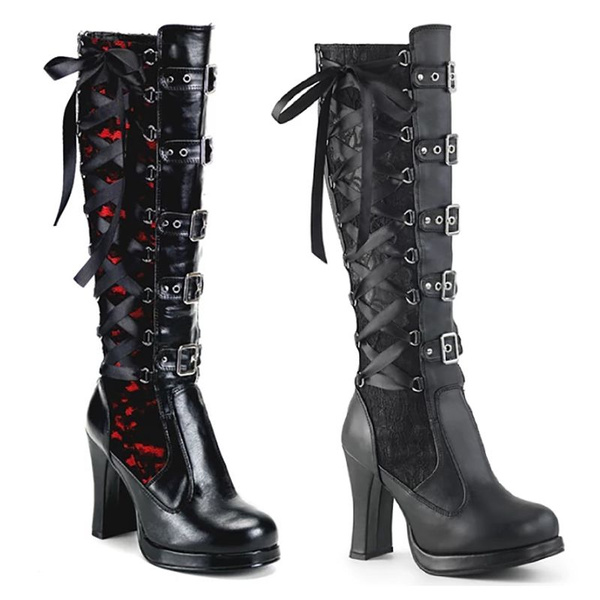 Details about   Vogue Women Platform Goth Punk Boots Lace up Tall Calf Knee High Military New 