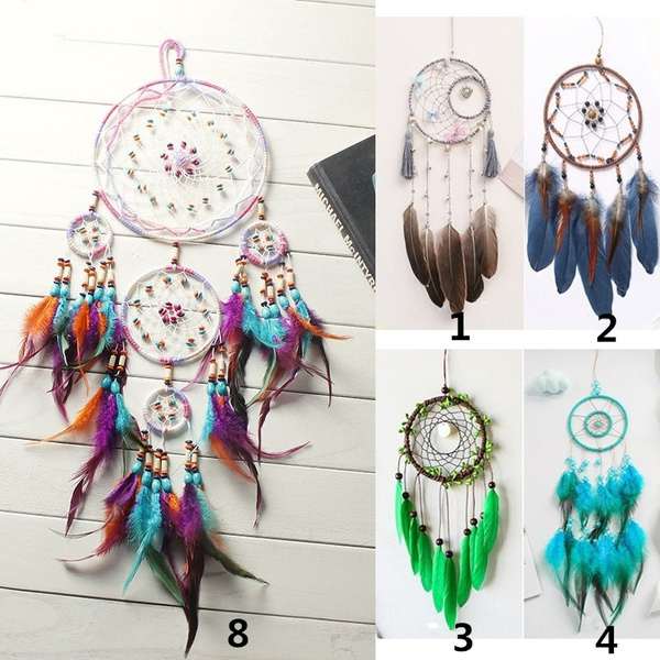 Feather Crafts Dreamcatcher Brown Wind Chimes Handmade  Net for wall Hanging dec 