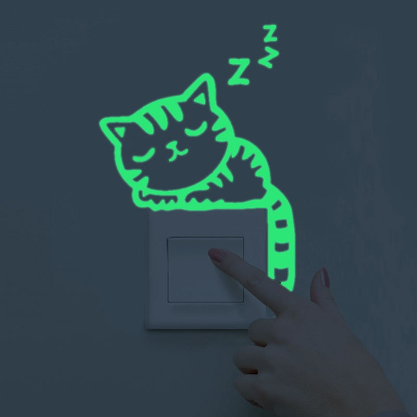 Glow In The Dark Luminous Cute Cat Kids Bedroom Wall Stickers Light Switch Decor 