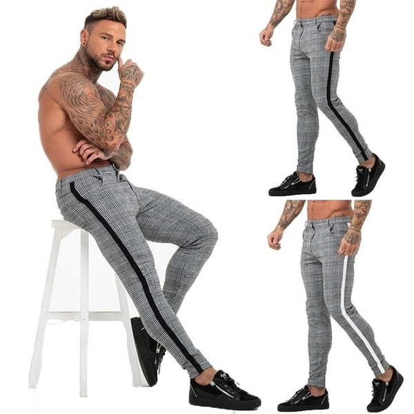 Mens Pant Chinos Slim Fit Plaid Pants 