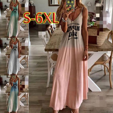 Women Summer Off Sholuder V-Neck Printed Big Swing Loose Casual Plus Size Holiday  Beach Gradient Color Long Dress Sling Dress Plus Size