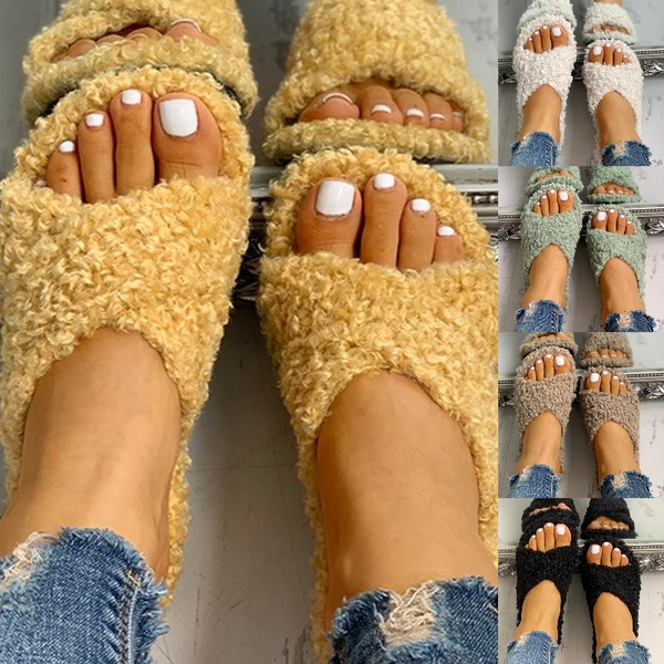 solid fluffy crisscross design flat sandals