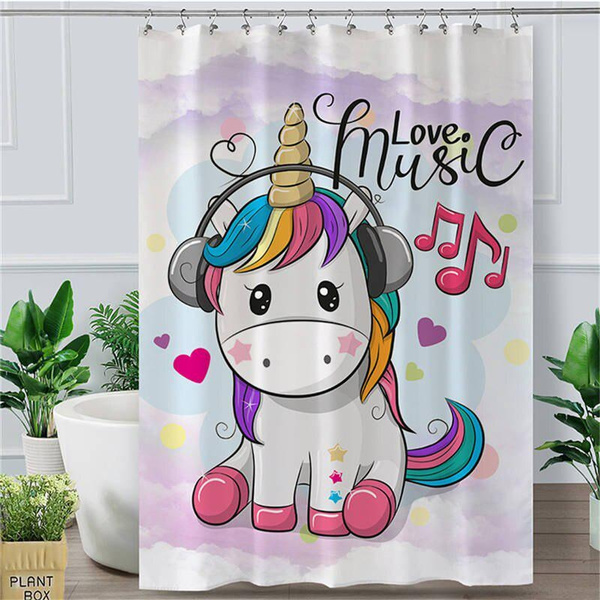 Unicorn Shower Curtain Rainbow Ribbon, Unicorn Shower Curtain
