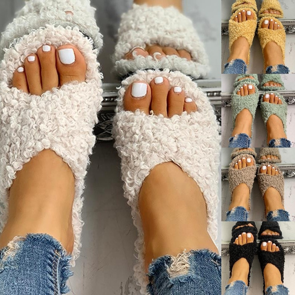 solid fluffy crisscross design flat sandals