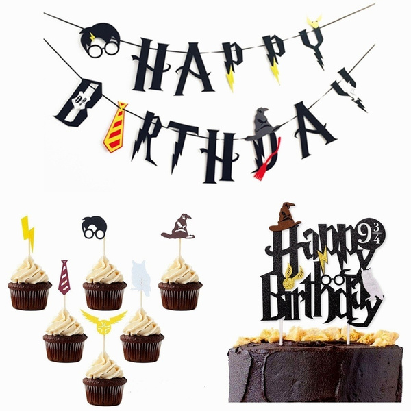 Harry Potter Happy Birthday Banner Cake Topper Hogwarts Flags