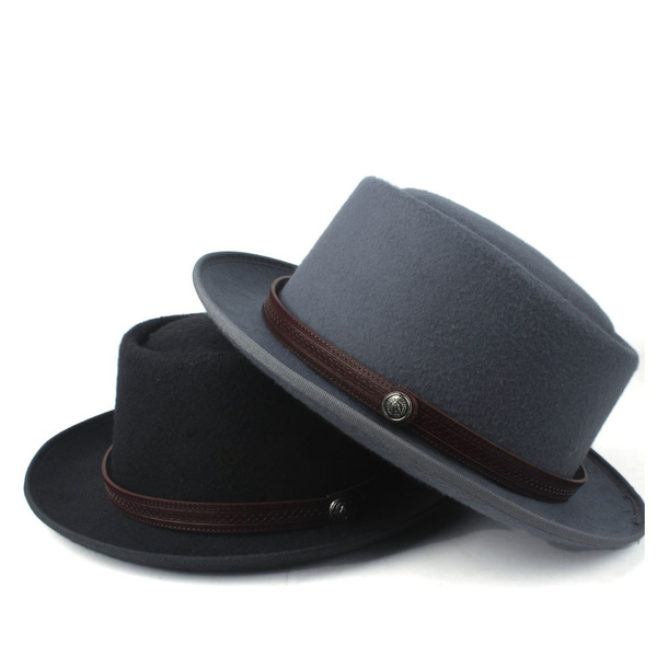 New Men Women Pork Pie Hat with Leather Belt Wide Brim Hat Outdoor Travel  Casual Hat Size 58CM