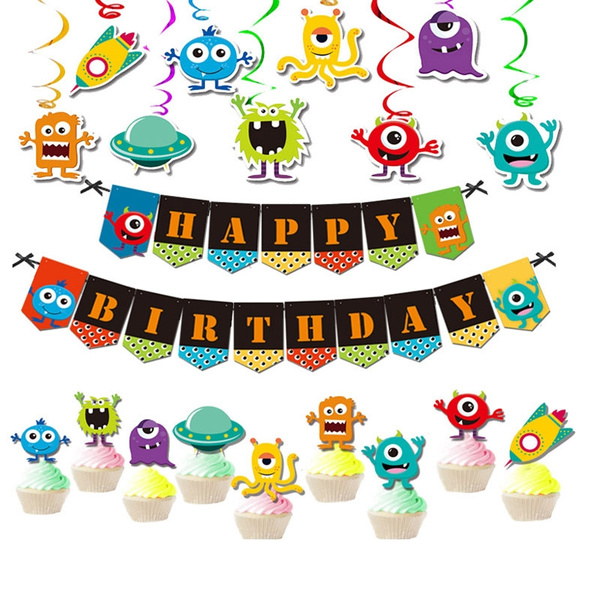 Carte Gateau Monstre Grands Yeux Petit Drapeau Joyeux Anniversaire Monstre Alien Wish