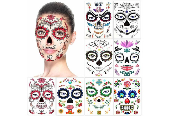 Halloween Temporary Face Tattoos 2022 Halloween Temporary Face Tattoos Konsait Day Of The Dead Sugar Skull Floral Black Skeleton Web Red Roses Full Face Mask Tattoo For Women Men Adult Kids Boys Halloween Party Favor Supplies