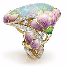 Exquisite Elegant Floral Ring Lavender Fuchsia Lotus Enamel Oval Cut Fire Opal Jewelry Birthday Proposal Anniversary Gift Bridal Engagement Wedding Party Band Rings Size 5 - 11