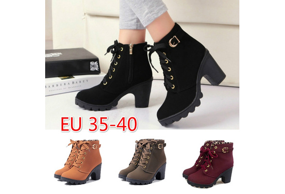HOESCZS Womens Shoes Spring and Autumn Heeled with Thick Bottom Side Zipper Belt Buckle Popular Fashion Single Martin Boots Women