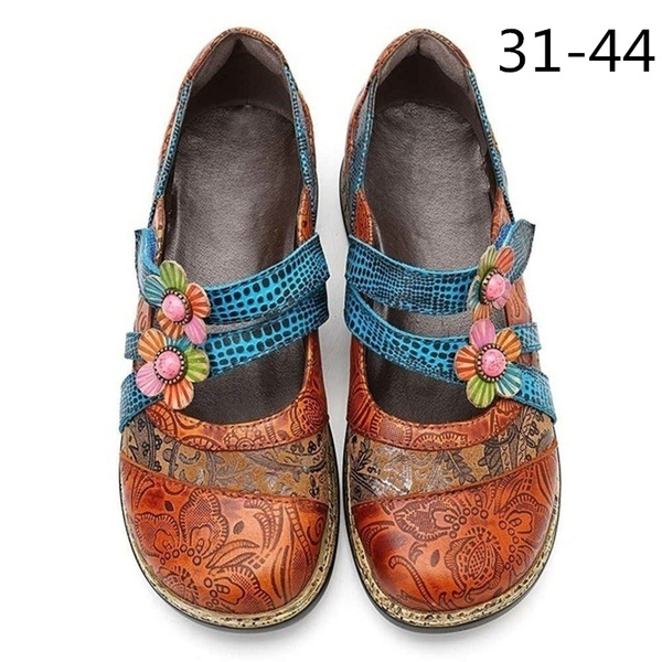 Socofy vintage floral genuine leather splicing colored band stitching hook loop flat store shoes