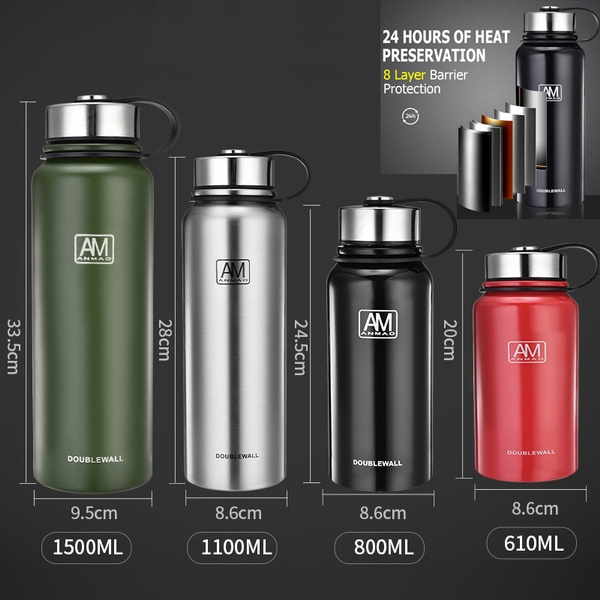610/800/1100/1500ml Stainless Steel Insulated Sports Water Bottle Vaccum Flask 