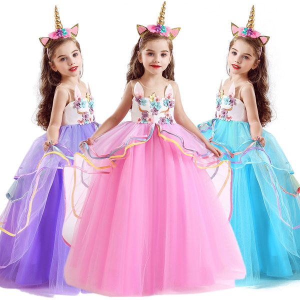 2019 Children Sleeveless Long Unicorn Appliques Princess Dress for ...