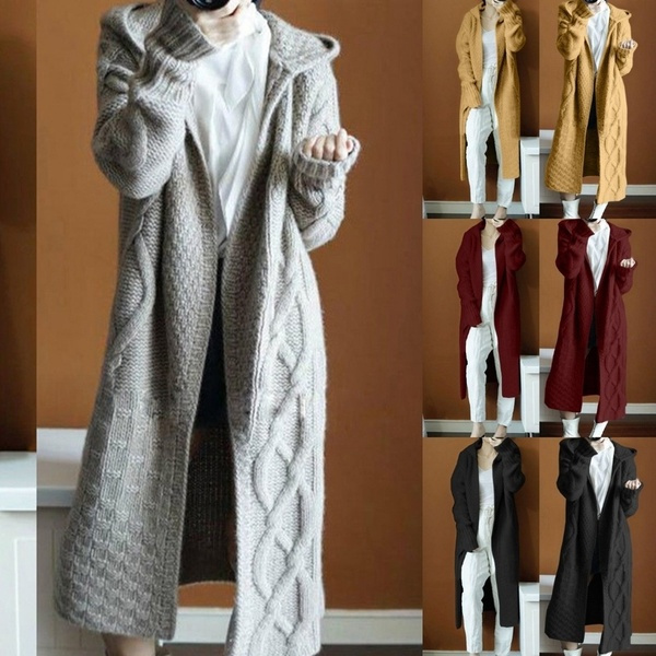 Hooded Cardigan Knitted Sweaters Casual Loose Long Sweater Coat Knit Cardigans Plus Size Ankle Length Wish