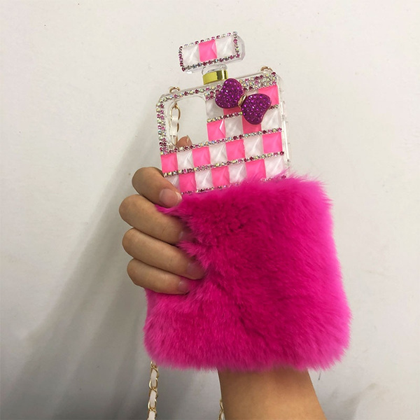 High quality Perfume Bottle Lanyard Chain Case diamond Real rabbit fur  Handbag Case Cover For iPhone 11 pro 6 6S 7 8 Plus X XR Xs Max