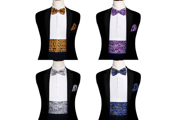 Mens Formal Wear 4pcs Cummerbund Silk Wide Waist Belt Bowtie Set Jacquard  Paisley/Floral Wedding Party Dress Accessories