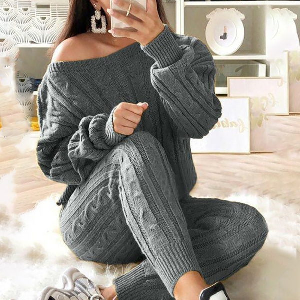 Two Piece Suit Solid Ribbed Knitting 