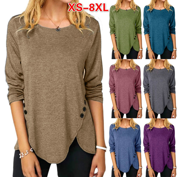 XS-8XL Fashion Clothes Autumn and Winter Tops Women's Causal Solid Color  Irregular Shirts Round Neck Button Stitching Loose Blouses Ladies Plus Size  Pullover Sweatshirts Long Sleeve Cotton T-shirts