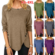 XS-8XL Fashion Clothes Autumn and Winter Tops Women's Causal Solid Color Irregular Shirts Round Neck Button Stitching Loose Blouses Ladies Plus Size Pullover Sweatshirts Long Sleeve Cotton T-shirts