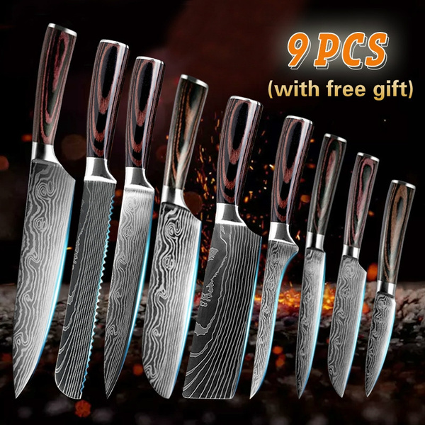 9PCS/set Japanese Kitchen Knives Laser Damascus Pattern Chef Knife Japanese  Chef Knife Sharp Santoku Knife Set Santoku Knife Cleaver Slicing Utility  Knives Tool Knives Sharp Cleaver Slicing Gift Knife Damascus Pattern Kitchen