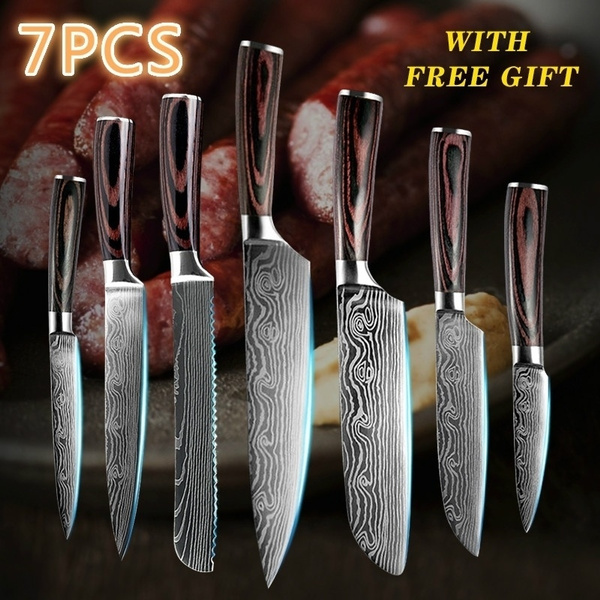 Kitchen Knife Set Japanese Damascus Pattern Chef Knives Stainless Steel  Cleaver