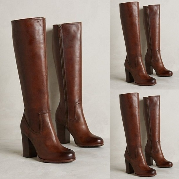 Women's Autumn and Winter Fashion High Heel Boots Brown Zipper Faux ...
