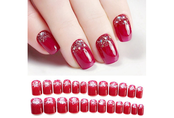 24pcs Glitter Powder Design Gefalschte Nagel Leuchtend Rotes Kurzes Quadrat Kunstliche Falsche Nagelspitzen Mit Kleberaufkleber Wish