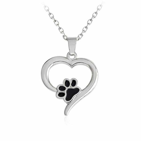 Fashion Pet Lover Dog Cat Paw Print Pendant Love Heart Necklace Chain