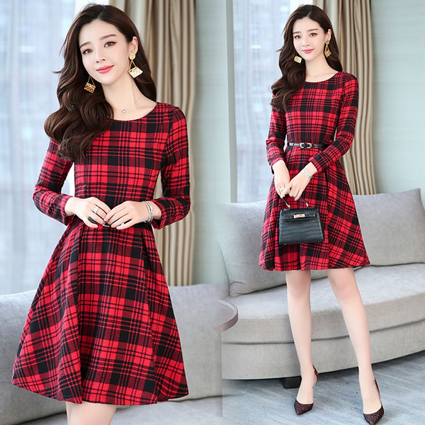 Women Vintage Red Plaid Long Sleeve Dresses Autumn Winter M-5XL