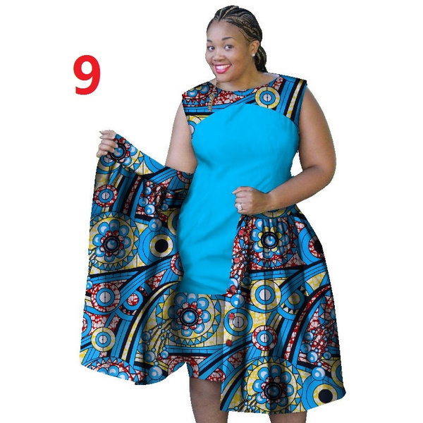 Summer African Dresses Women Plus Size Women Cotton Dress O-neck 6XL Africa Print Clothing Patchwork Natural WY1069 Wish