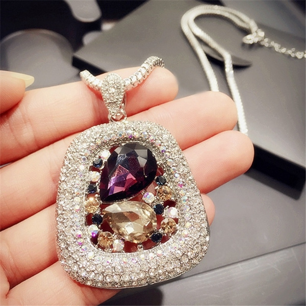 Stylish Women Crystal Rhinestone Long Chain Pendant Necklace Gift Silver Plated