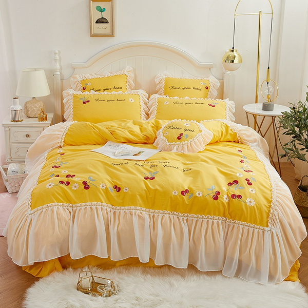 Korean Yellow Lace Flower Sweet Duvet, Yellow Bedding Sets Queen